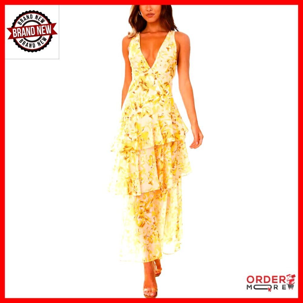 Floral Maxi Dress Sexy Deep V Neck Backless Ruffles Elegant Formal Wedding Guest
